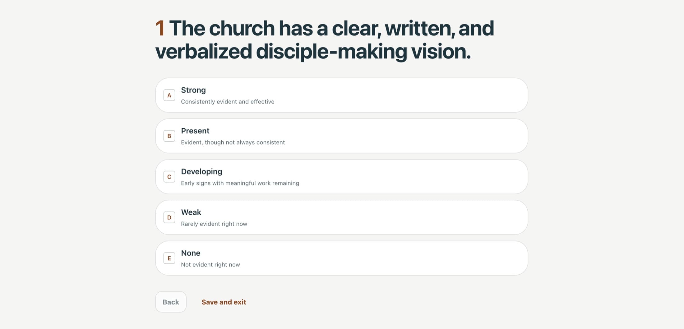 Vitality Mapping church health assessment question with five clearly defined response levels